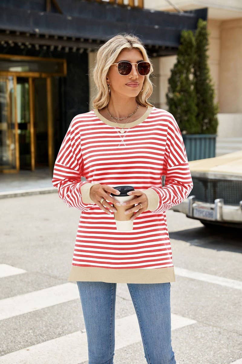 CWTBLL3746_CONTRAST COLOR SLIT LOOSE STRIPED SWEATSHIRT