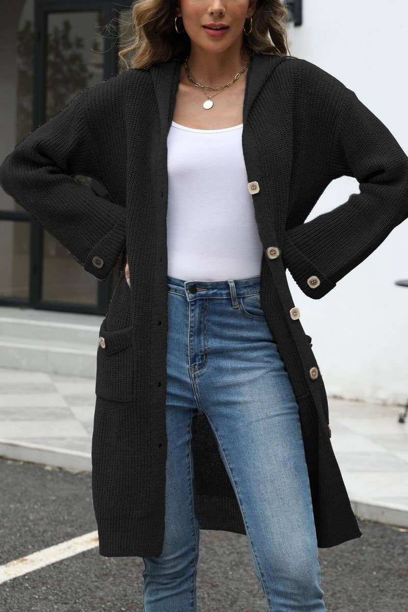 CWOCAL1479_SOLID COLOR HOODED KNITTED CARDIGAN SWEATER COAT