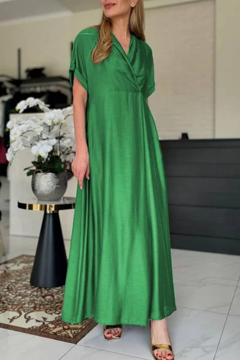 CWDMD4178_V_NECK SOLID COLOR SHORT SLEEVE LONG DRESS