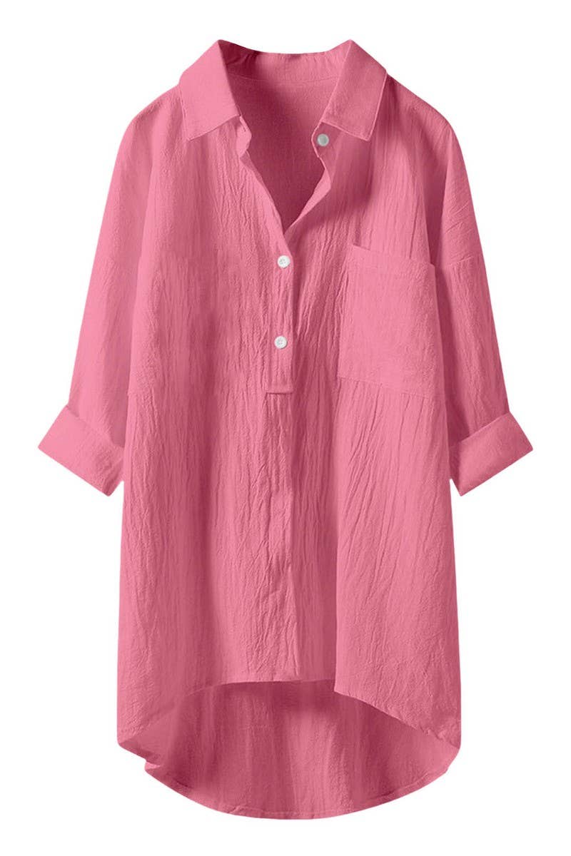 CWTSTL2876_SOLID COLOR HIGH AND LOW COTTON AND LINEN SHIRT