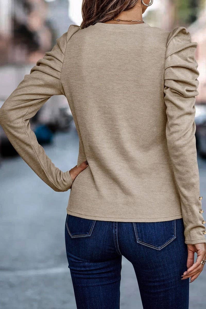 CWTBLL4005_CREW NECK PUFF SLEEVE BUTTON FRONT BLOUSE