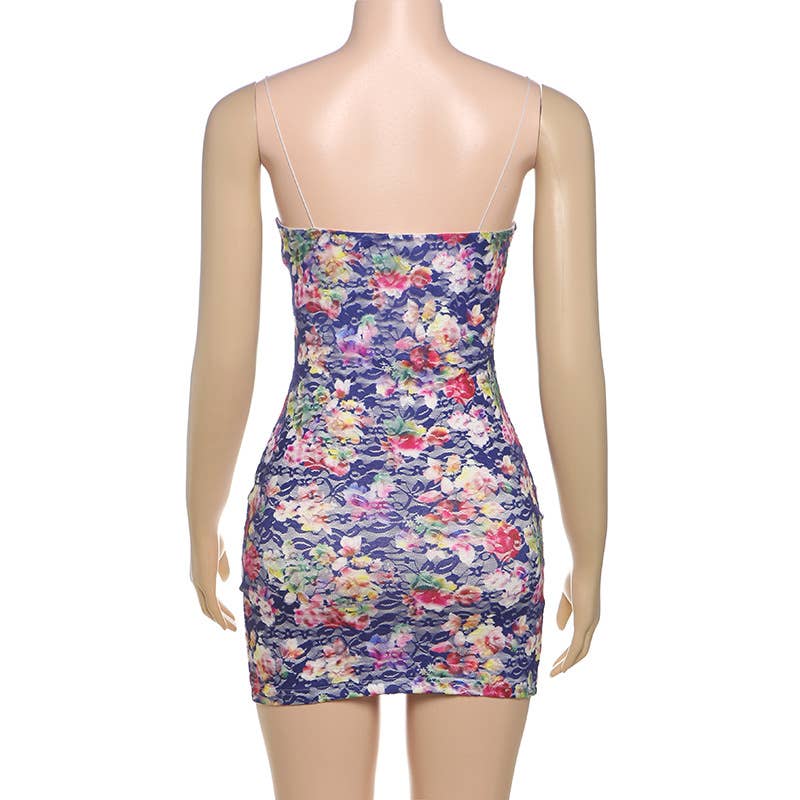 Fashion V-neck lace patchwork floral halter dress