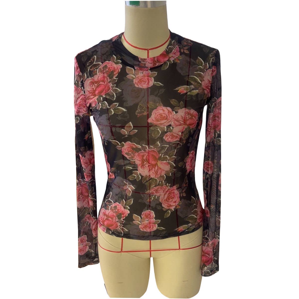 SEMI SHEER ROSE PRINT CHIFFON MESH LACE TOP
