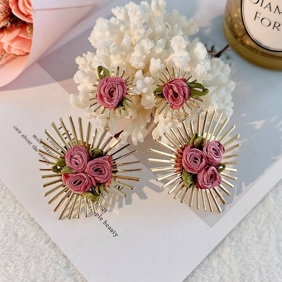 Handmade Fabric Flower Heart Earrings for Women