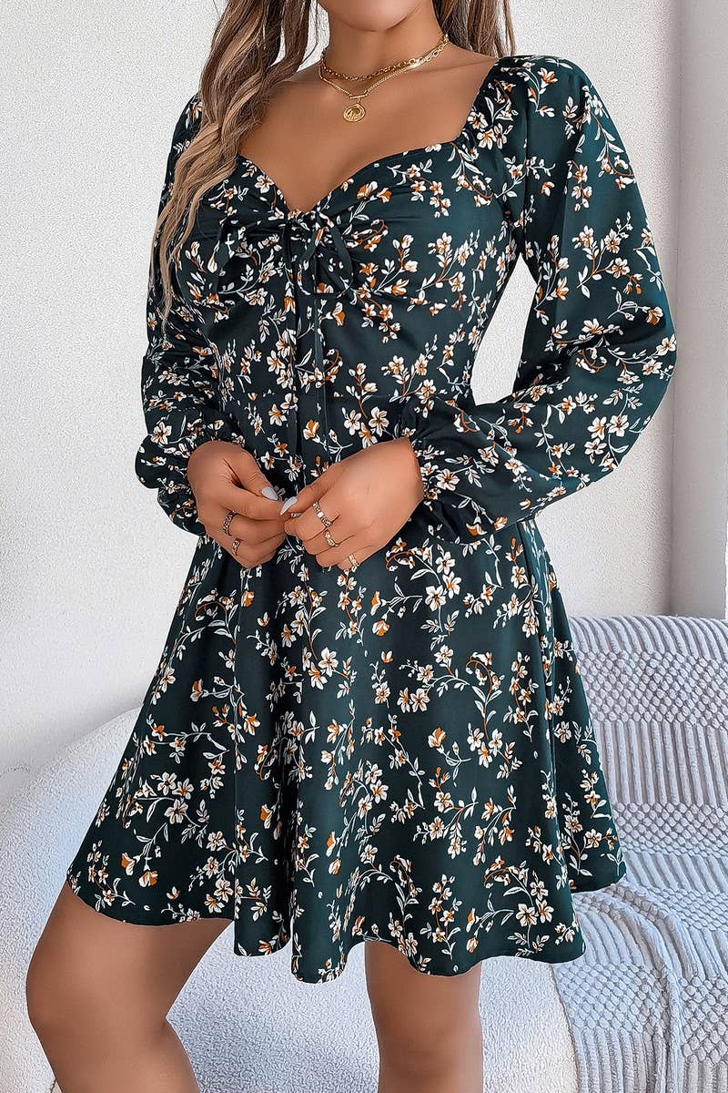 CWDSD7221_CASUAL SQUARE NECK FLORAL LONG SLEEVE A-LINE DRESS