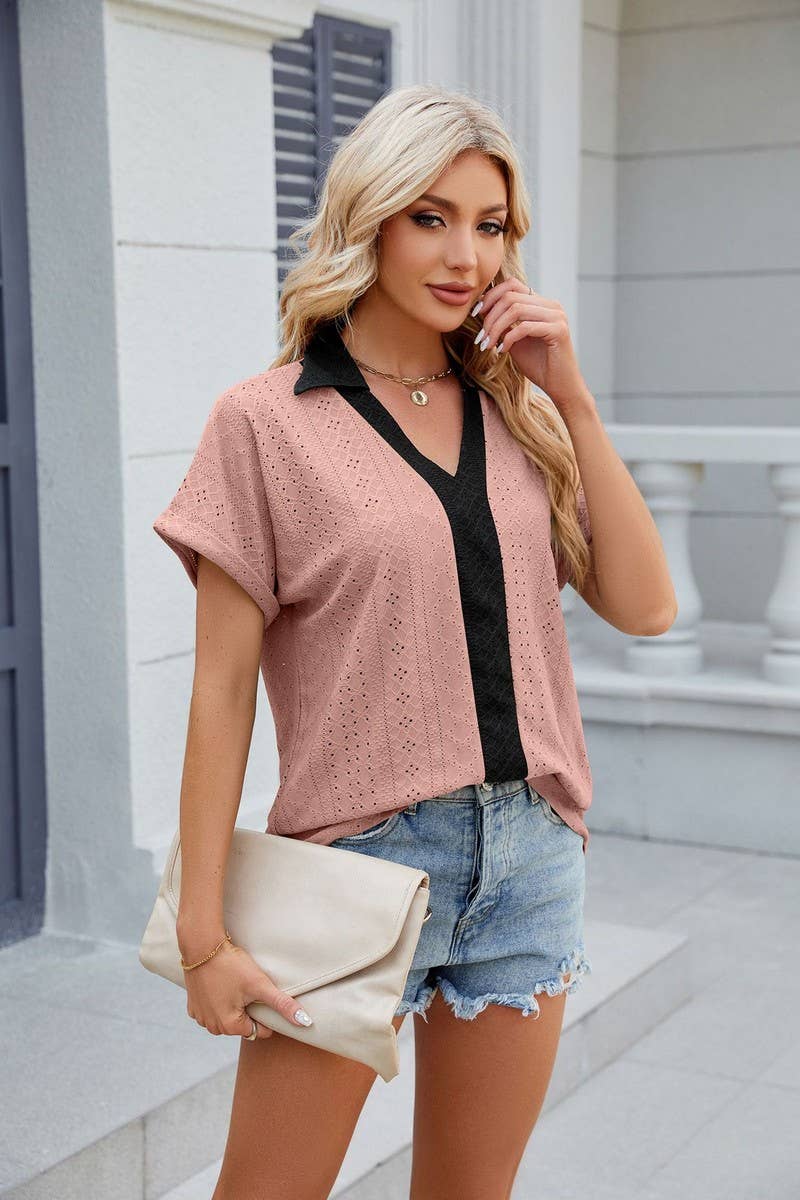 CWTTS0832_V-Neck Short Sleeve Knit Top