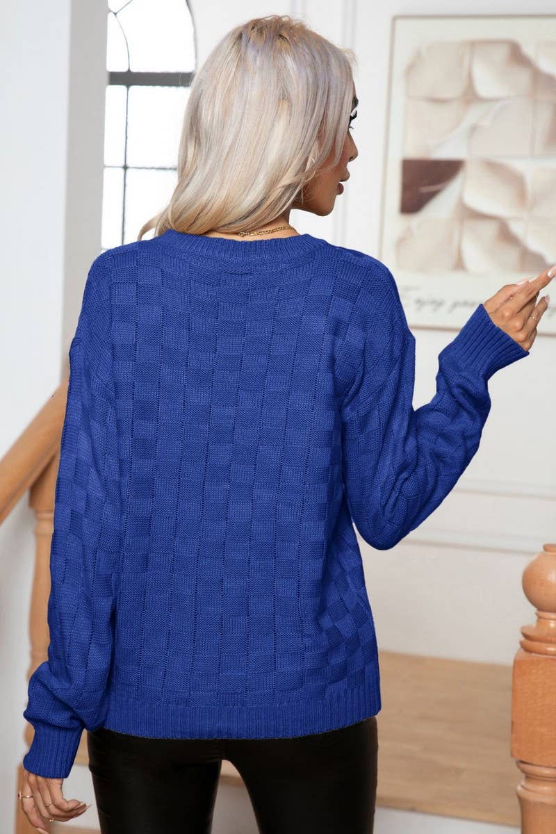 CWOSWL3874_3D PLAID LONG SLEEVE KNITTED PULLOVER SWEATER