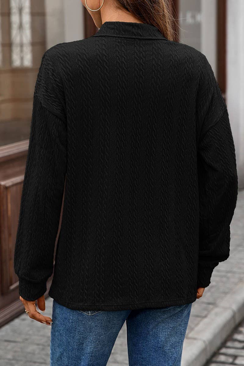 CWTBLL01307_V NECK CABLE KNIT SOLID LONG SLEEVE TEE