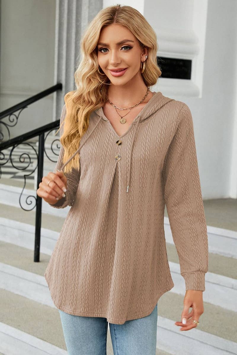 CWTBLL2794_FALL V-NECK HOODED LONG-SLEEVED KNIT TOP