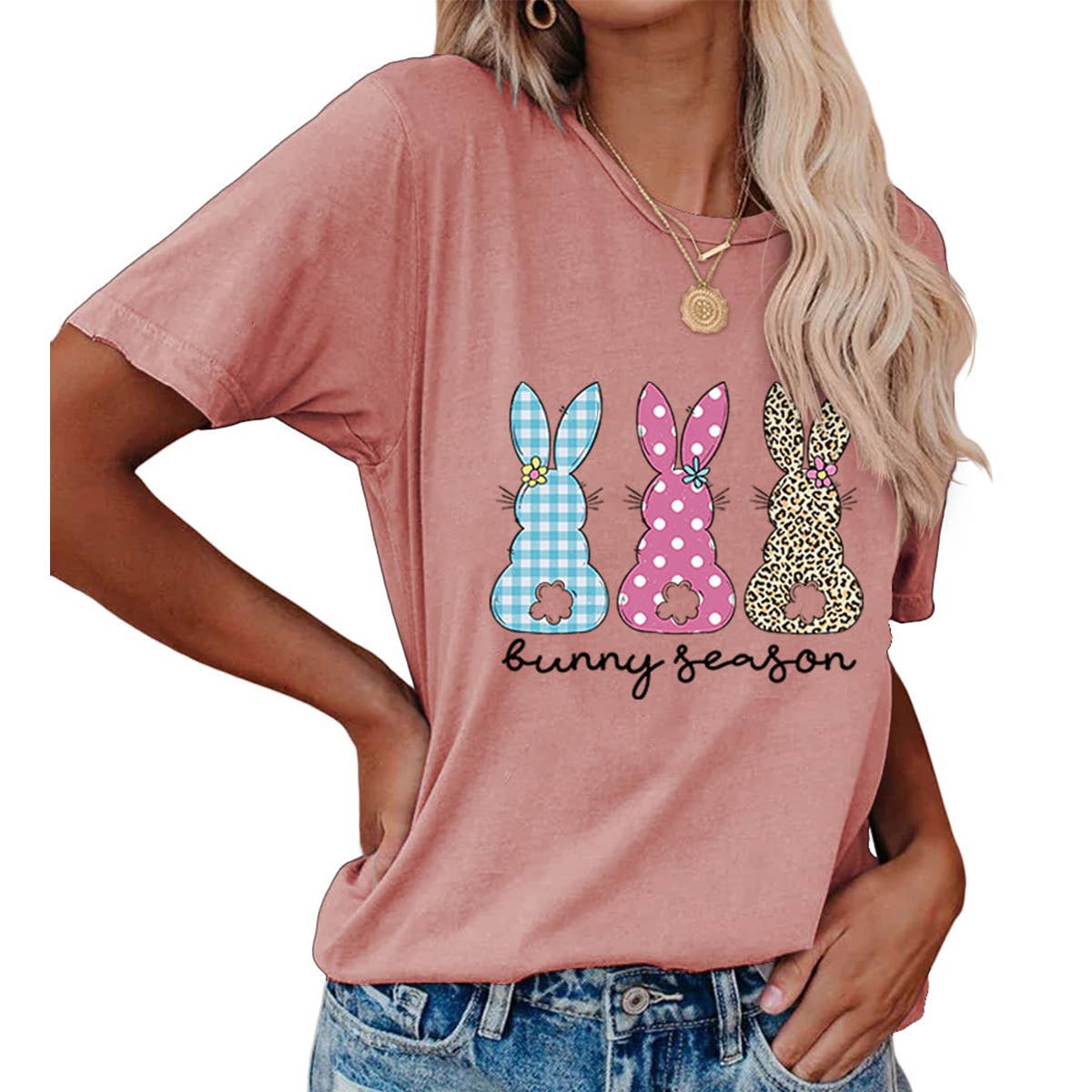 EASTER ROUND NECK LOOSE BUNNY PRINT T SHIRT_CWTTS0856