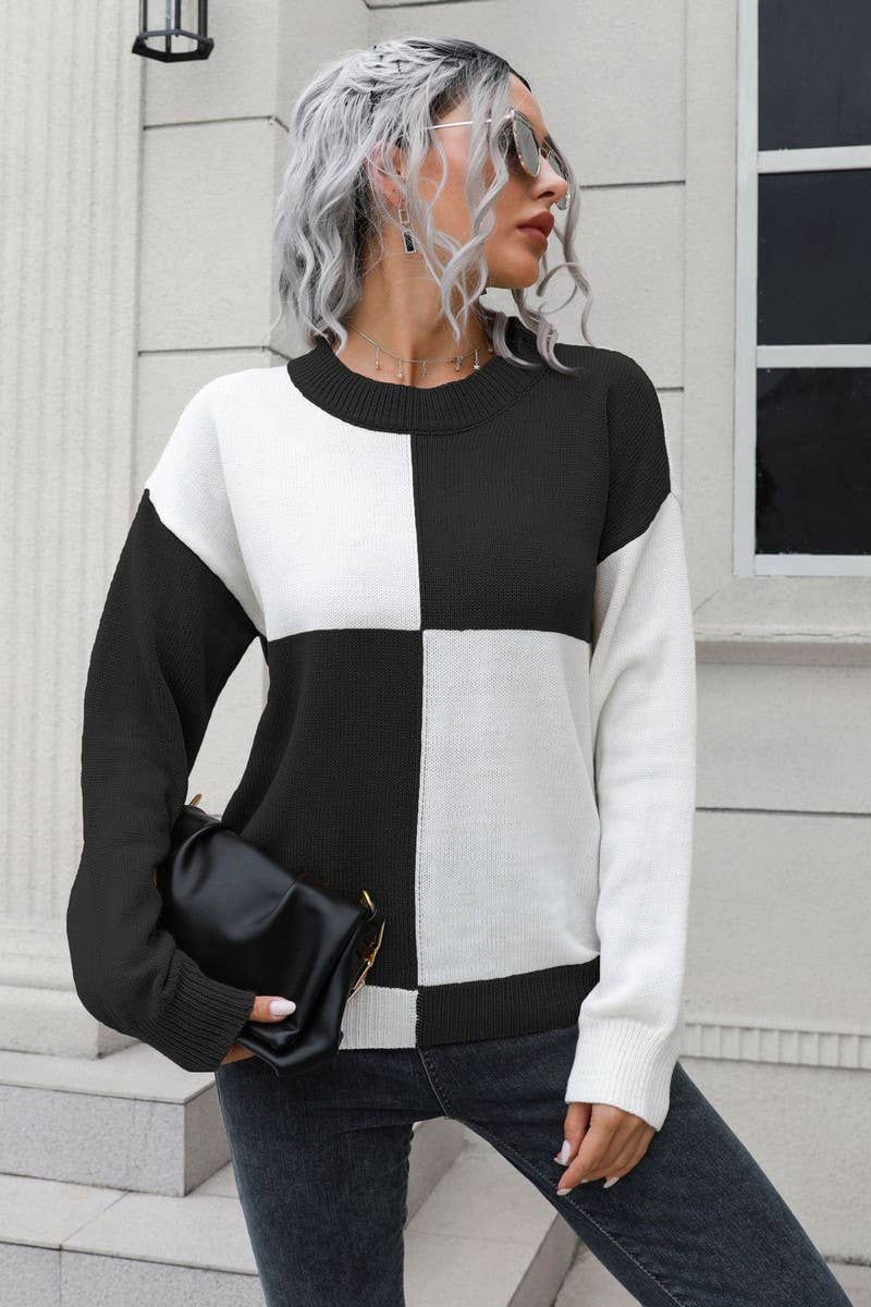 CWOSWL3892_CHECKERBOARD CREW NECK  KNIT PULLOVER SWEATER