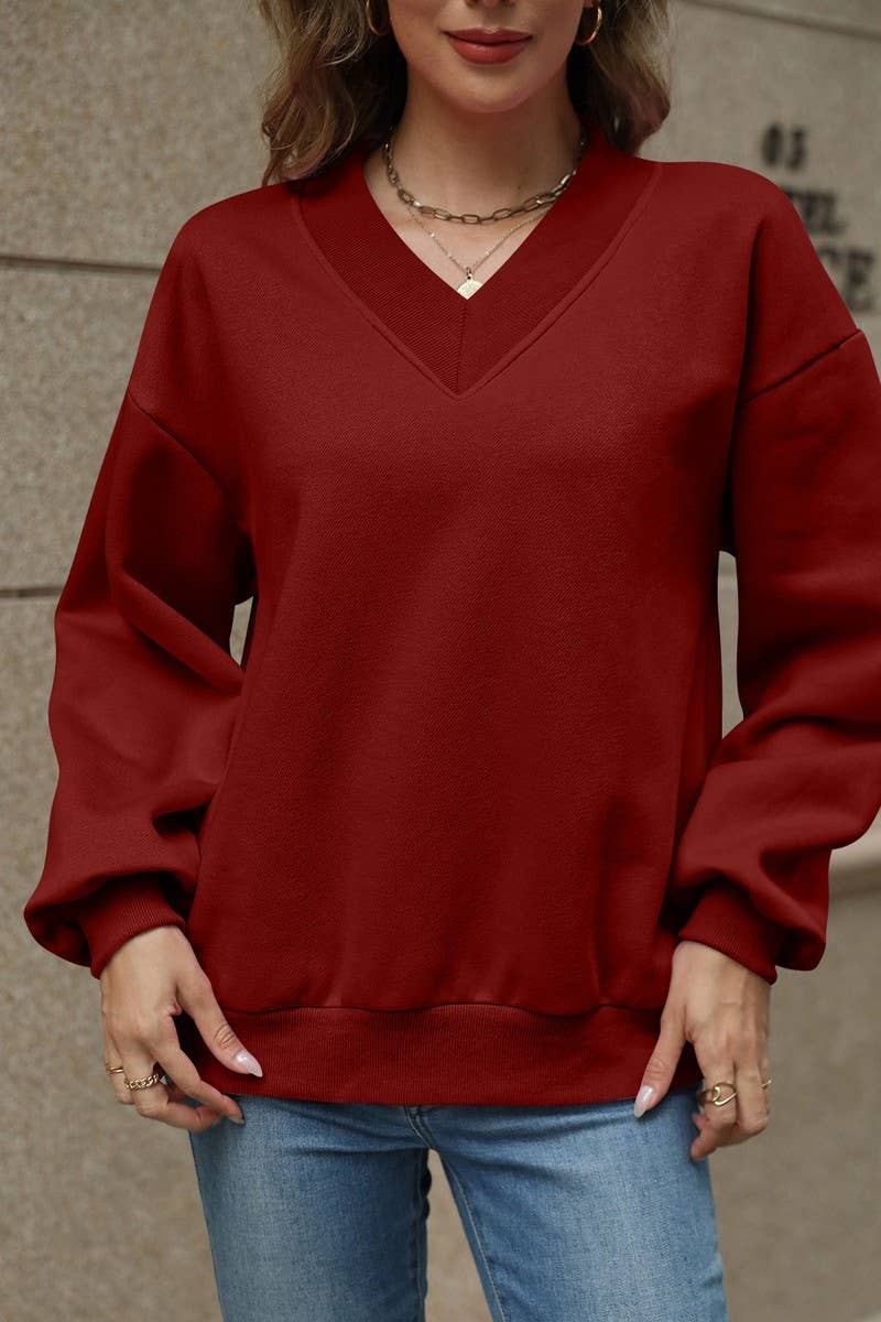 CWTBLL4011_SOLID V-NECK FLEECE LINED LOOSE FIT SWEATSHIRT