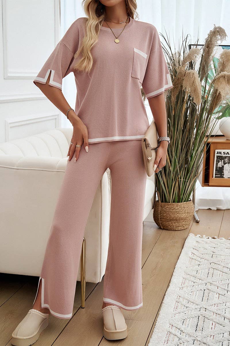 CWSTB0997_CONTRAST COLOR SHORTSLEEVED TROUSERS SWEATER SUIT