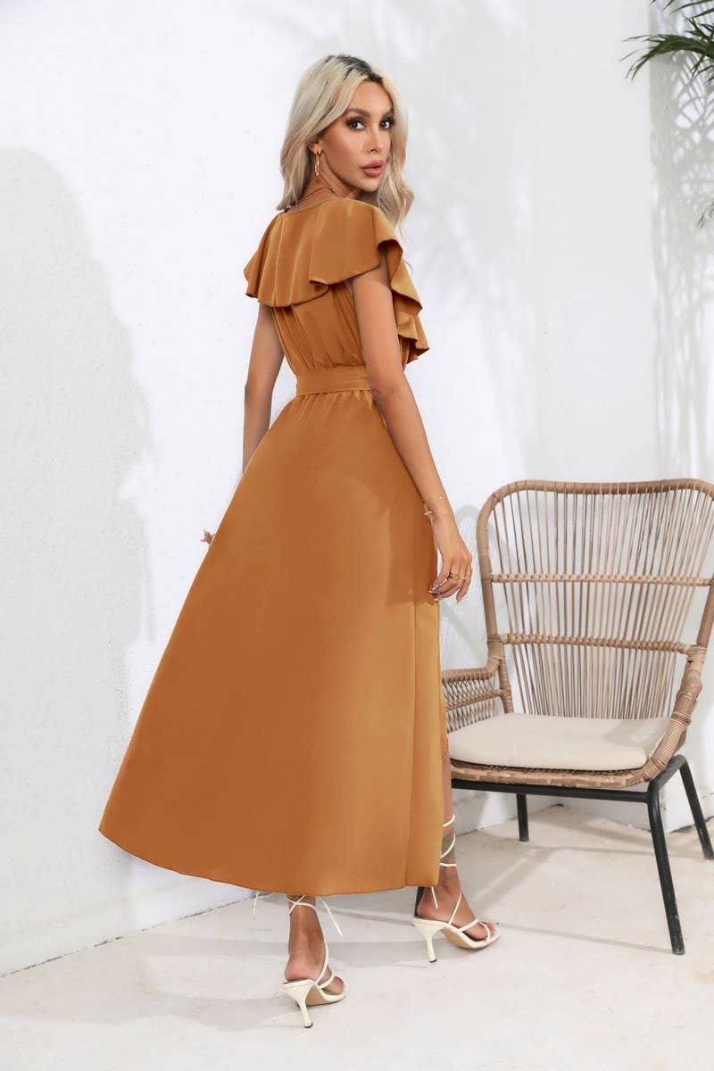 CWDMD1336_V-Neck Short Ruffle Sleeve With Belt Dress