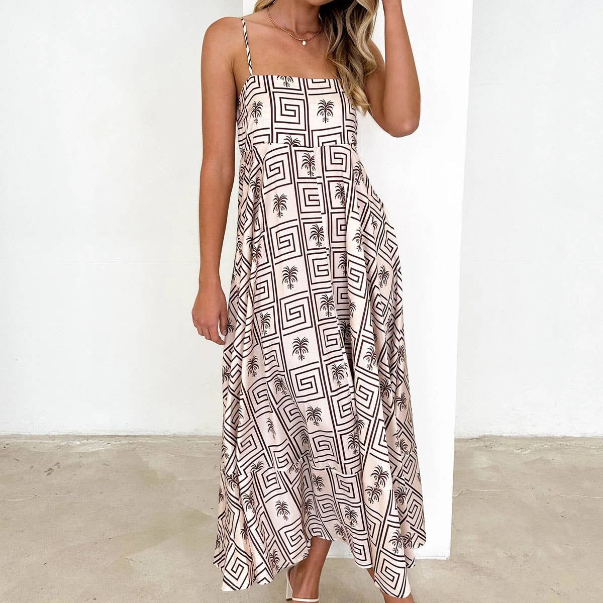 A fresh floral long high-cut halter dress