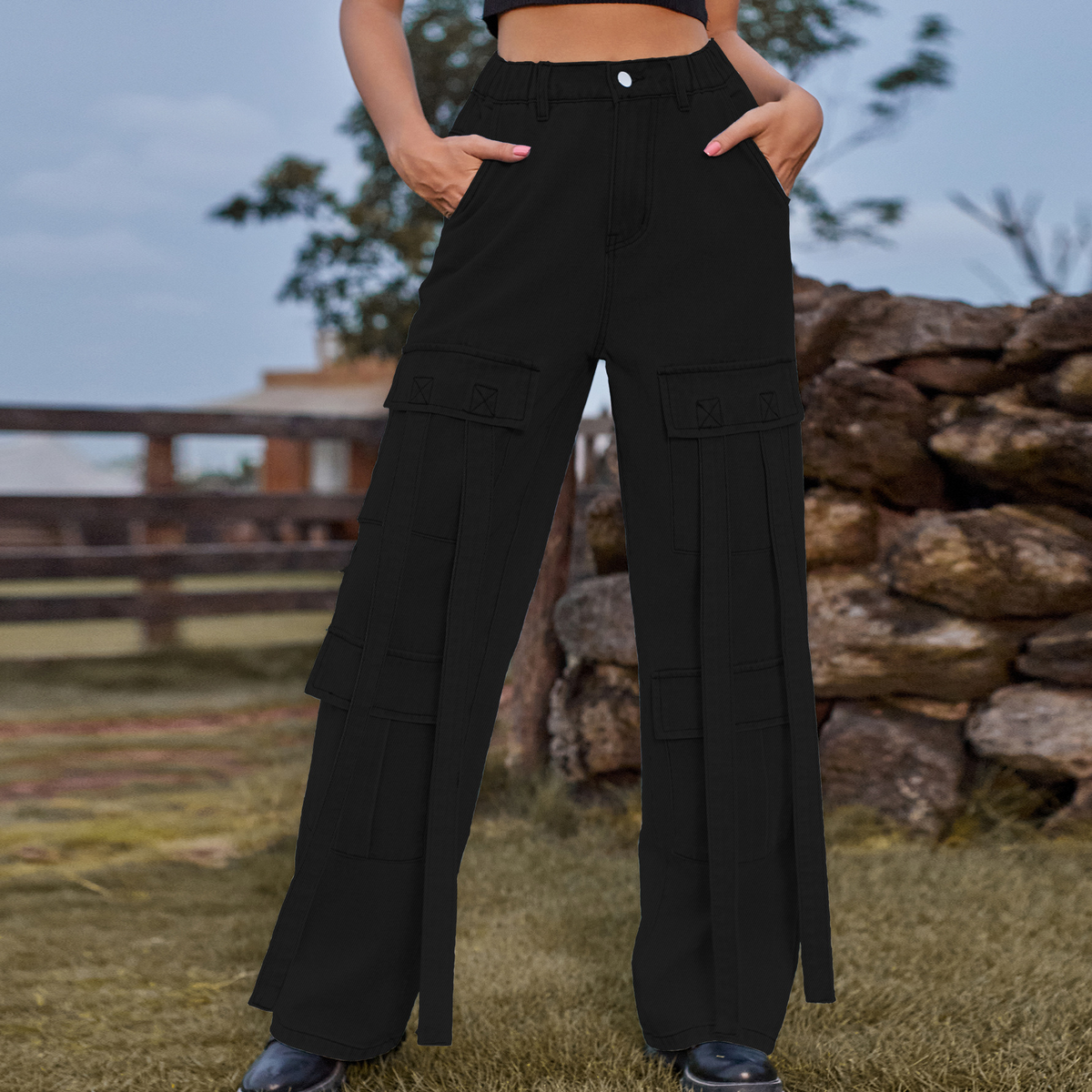 Casual Cargo Jeans ??Vintage Ribbon Accent _CWJP0630