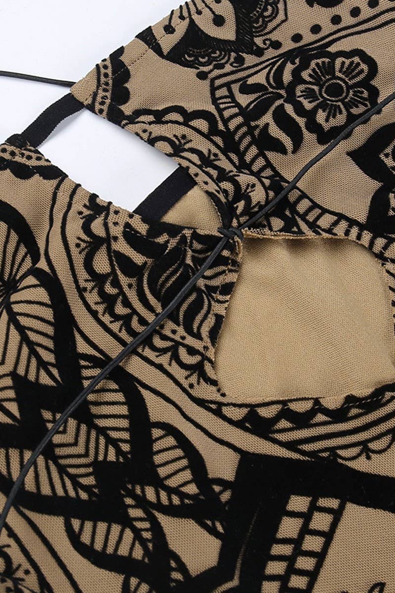 CWDHL0638_FLOCKING PRINT HOLLOW HIP-WRAPPED SUSPENDER SKIRT