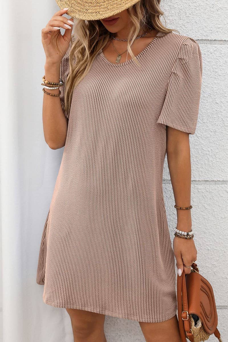 CWDSD7272_CONTRAST TWIST STRIPE PUFF SLEEVE MIDI DRESS