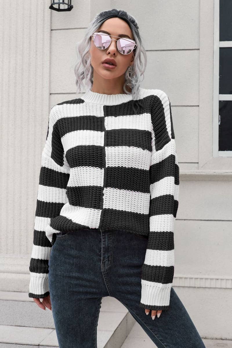 CWOSWL6405_WINTER STRIPED PLAID LONG-SLEEVED SWEATER