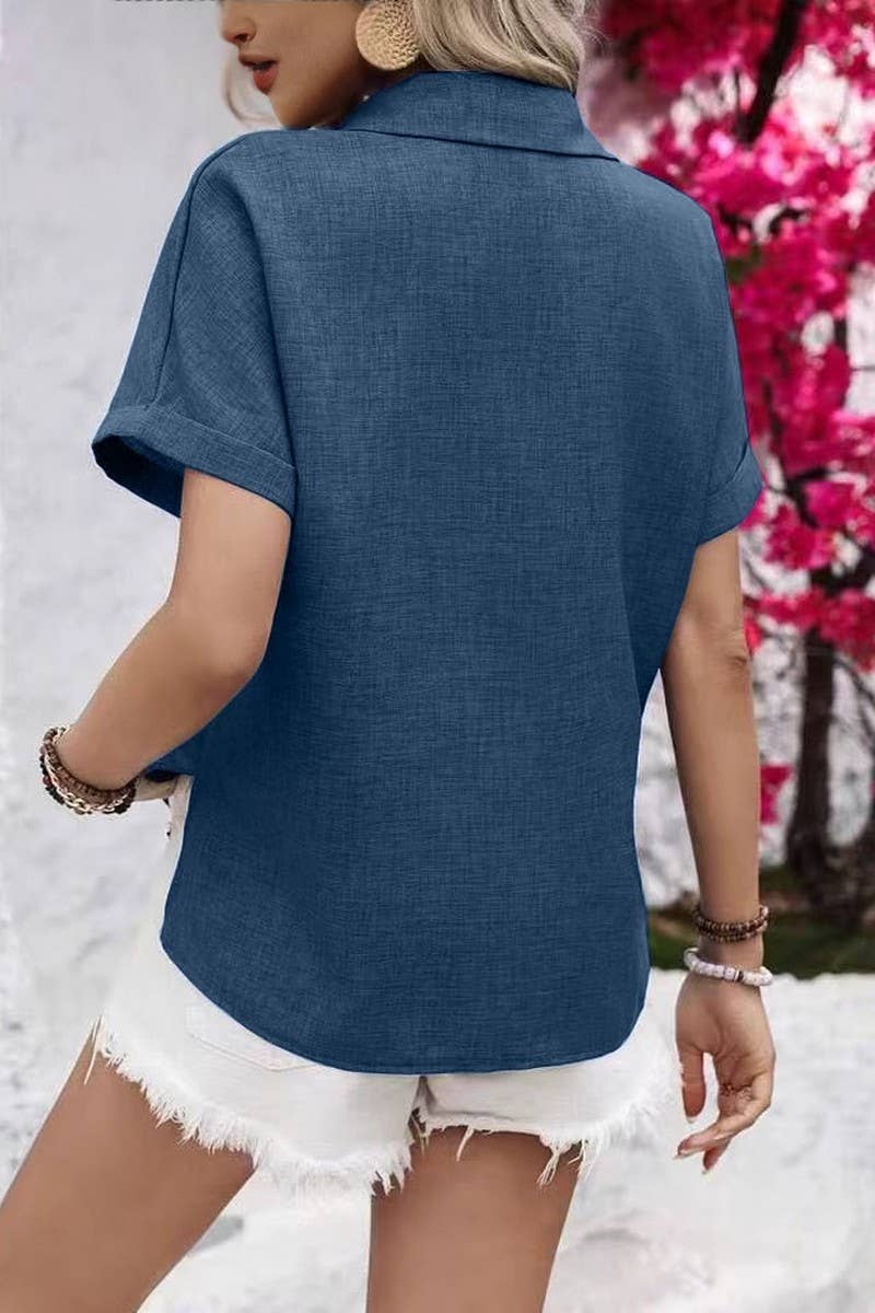 CWTBLS2042_SUMMER LOOSE SHORT SLEEVE POCKET CASUAL SHIRT