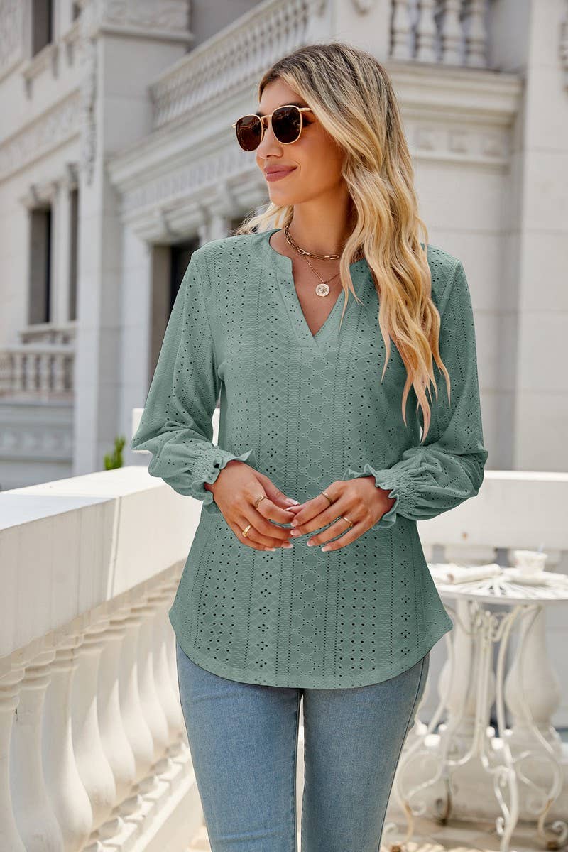 CWTBLL2407_V-NECK HOLLOW PLEATED LOTUS LEAF SLEEVE TOP