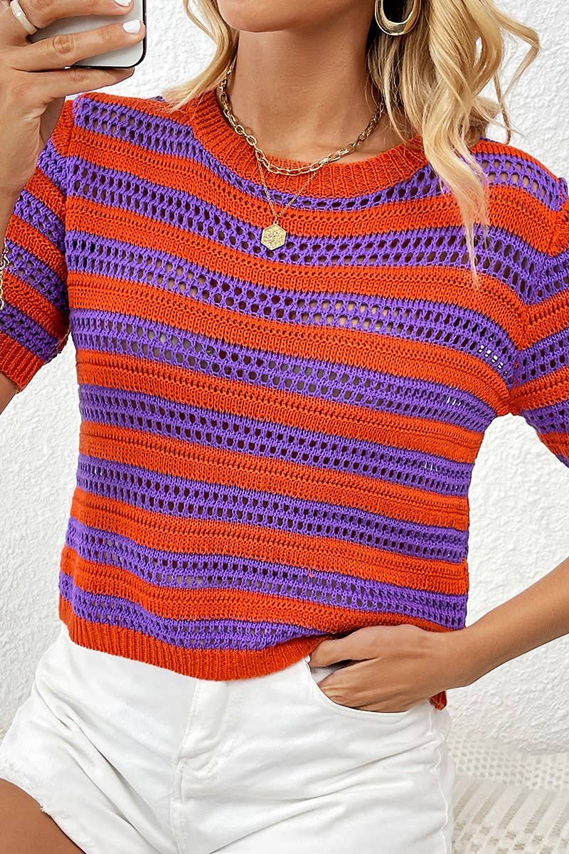 CWOSWS0043_Round Neck Short Sleeve Striped Knit Sweater