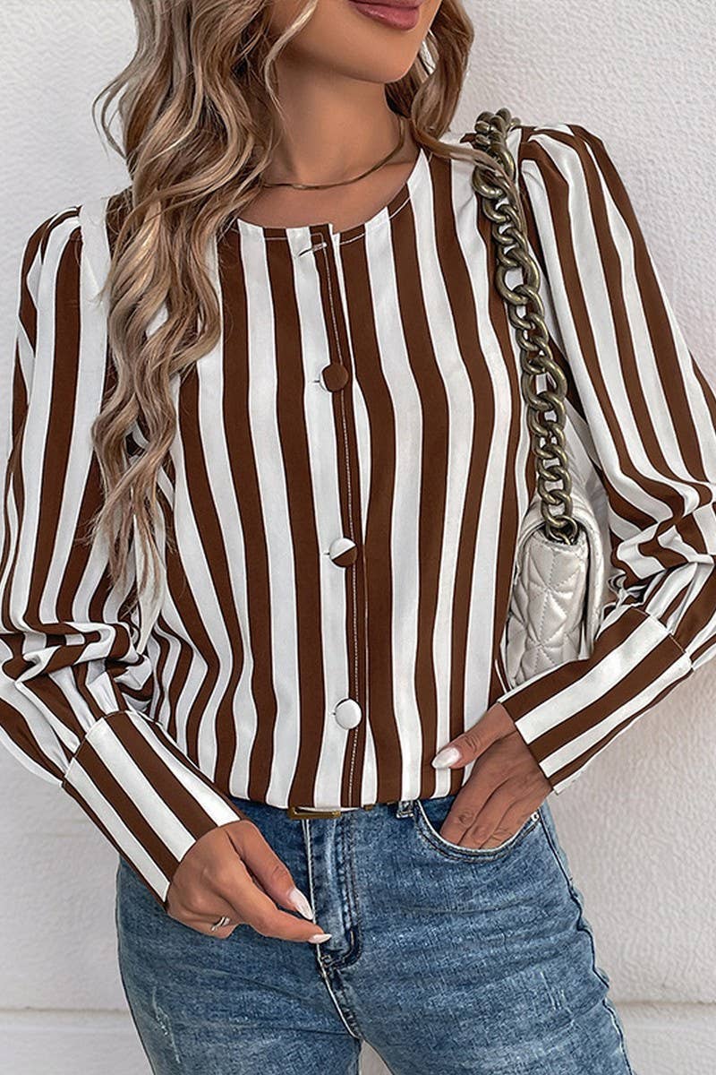 CWTBLL3740_SUMMER V-NECK SINGLE-BREASTED STRIPED SHIRT