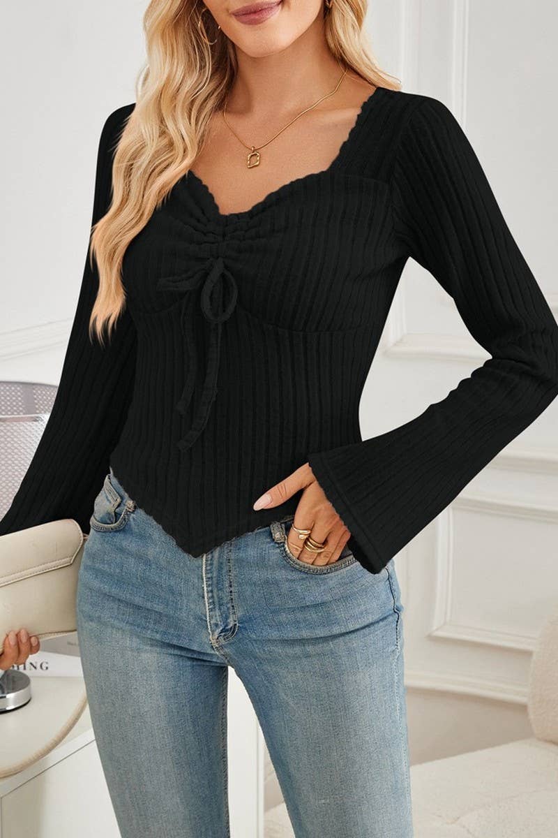CWTBLL3196_PLEATED LONG-SLEEVED CROPPED TOP T-SHIRT