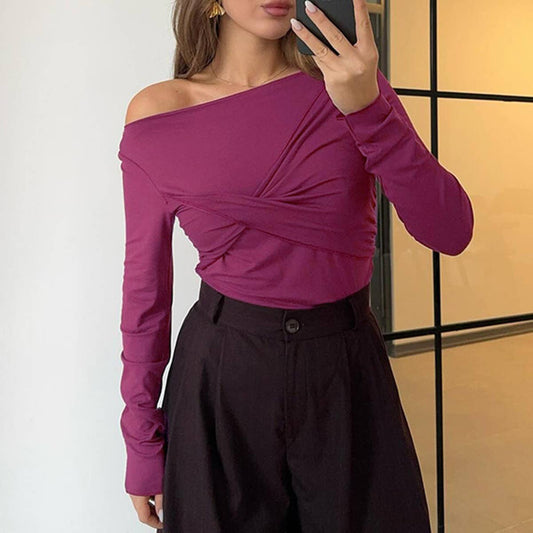 DIAGONAL NECK CROSS PLEATED SOLID COLOR TIGHT TOP