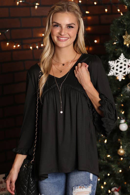 CWTTL1504_V-NECK WITH MINI RUFFLE DETAILED FLARE TOP