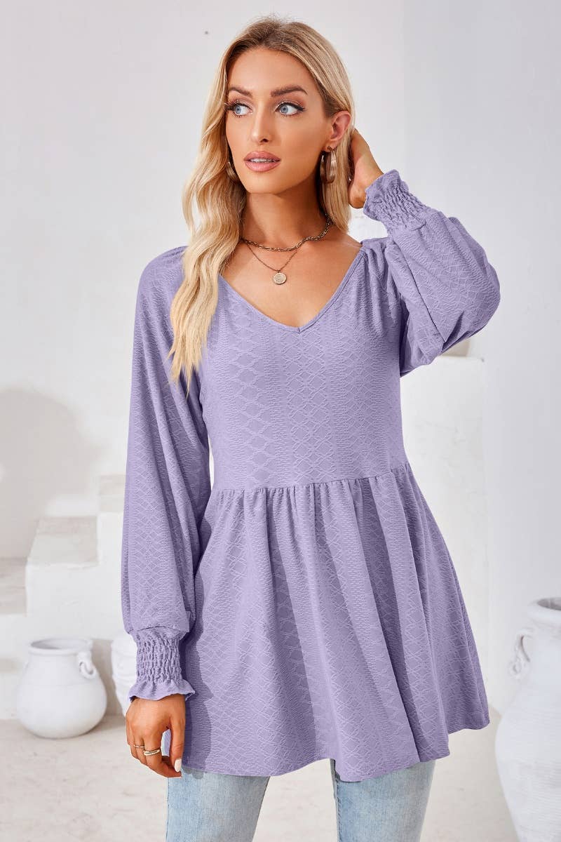 CWTBLL2817_SOLID COLOR PATCHWORK LONG-SLEEVED TUNIC