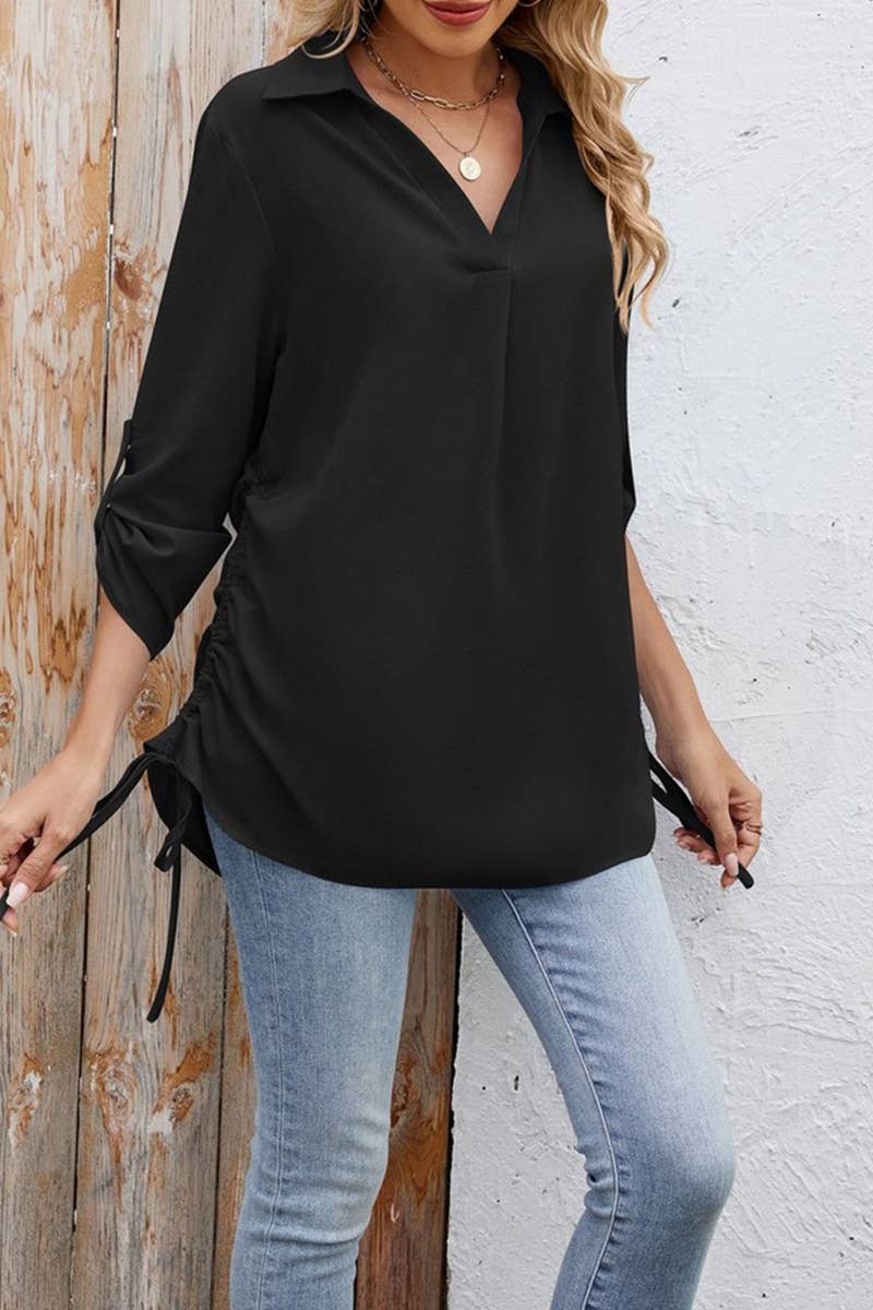 CWTBLS1796_SPRING AND SUMMER SOLID COLOR LAPEL LOOSE SHIRT