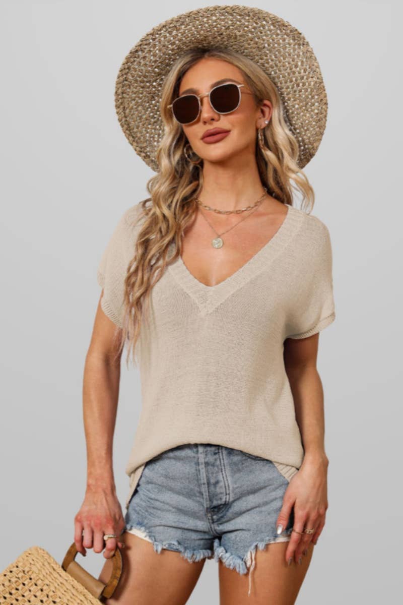 CWTBLSL0298_V-NECK COLOR CONTRAST SHORT-SLEEVED TOP