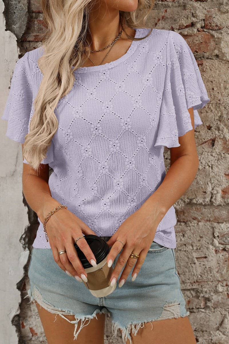 CWTTS1371_SUMMER FLOWER HOLLOW LOTUS SLEEVE CASUAL TOP