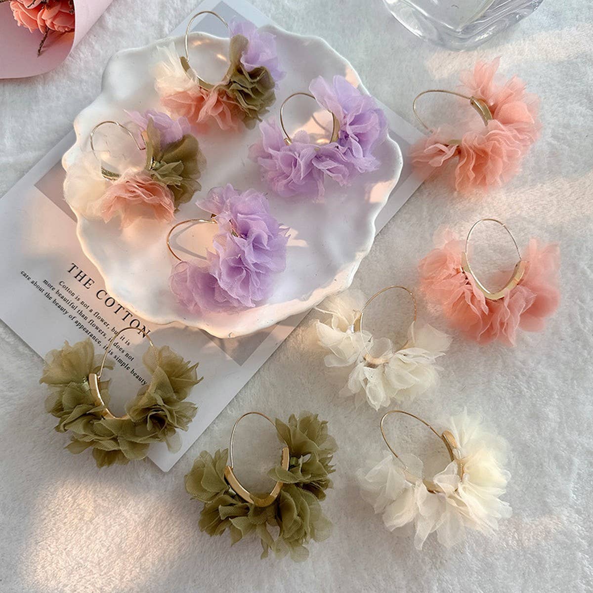 Handmade Fabric Flower V-Shape Ear Cuffs