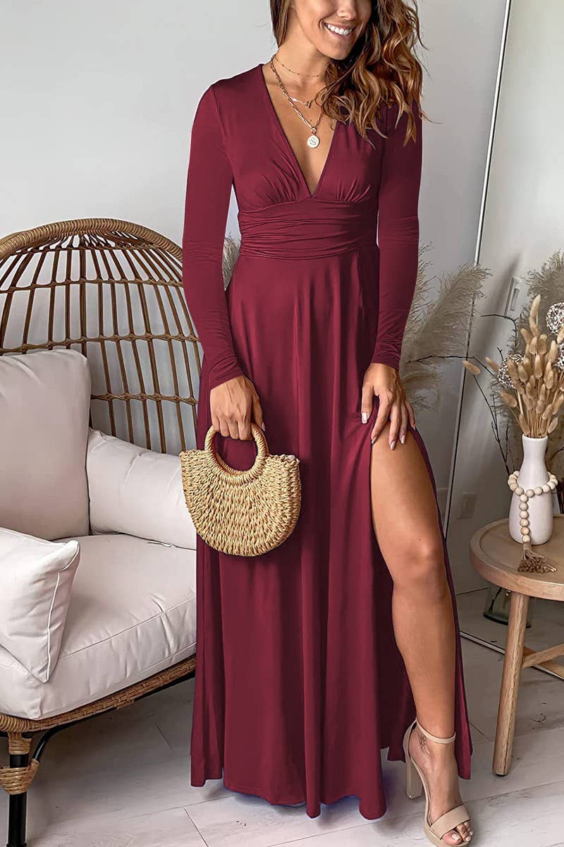 CWDMD5880_DEEP V RUCHED LONG SLEEVE SPLIT MAXI DRESS