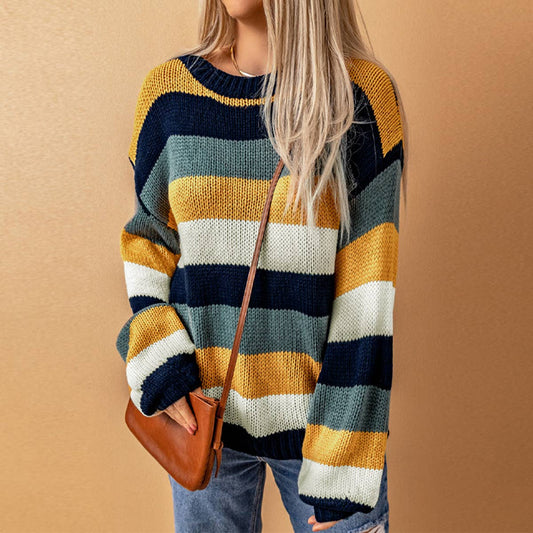 COLOR-CONTRAST STRIPED OFF-SHOULDER SWEATER