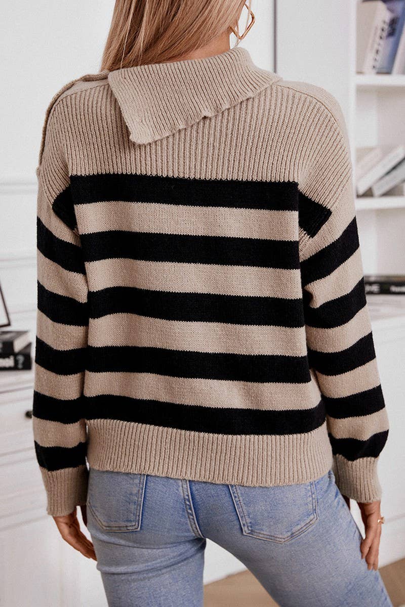 CWOSWL6940_LAPEL BUTTON-DOWN STRIPED KNITTED SWEATER