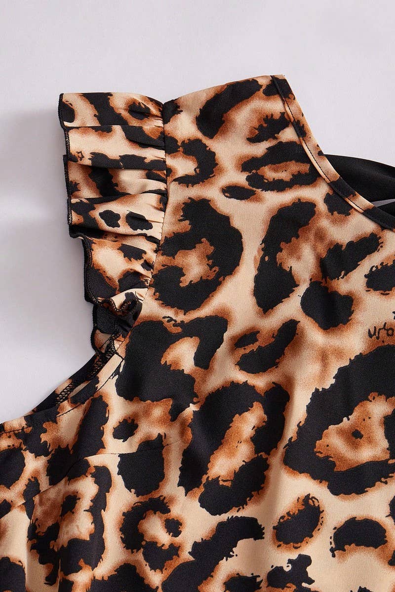 CWDSD7891_LEOPARD PRINT TIE NECK FLUTTER SLEEVE  DRESS