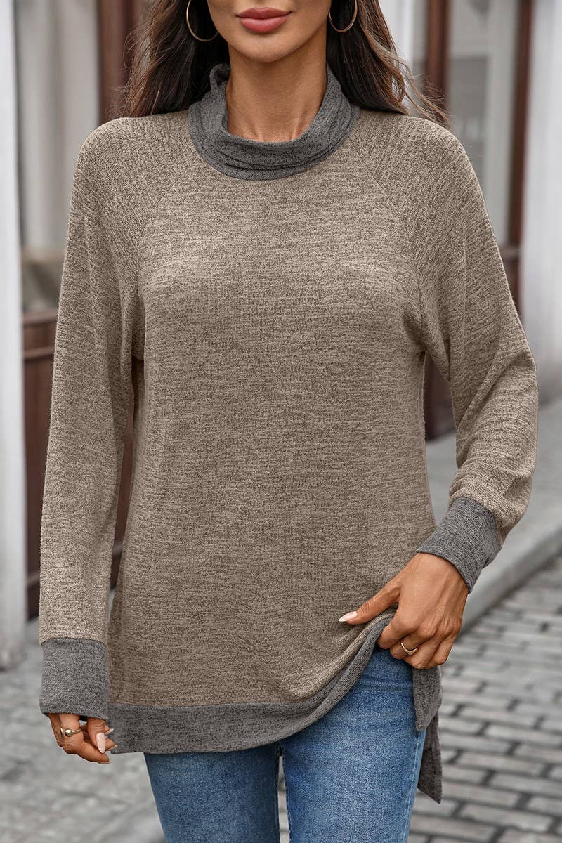 CWTBLL01308_COLORBLOCK SCARF NECK LONG SLEEVE CASUAL TOP