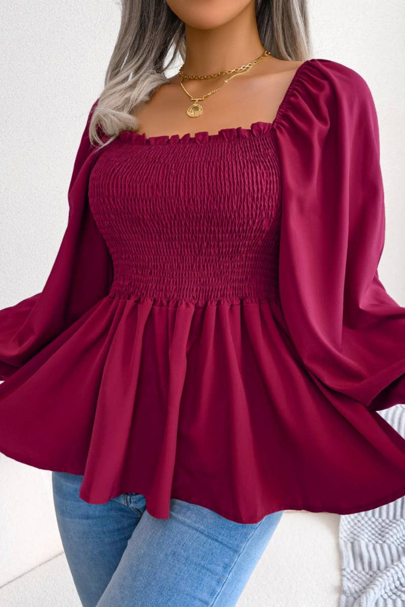 CWTBLL0957_SUMMER CHIFFON WOOD EAR LONG SLEEVE TOP