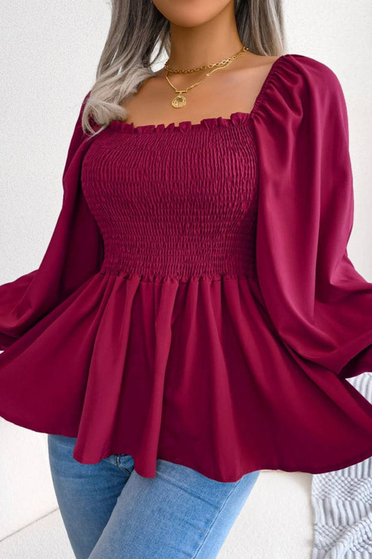 CWTBLL0957_SUMMER CHIFFON WOOD EAR LONG SLEEVE TOP