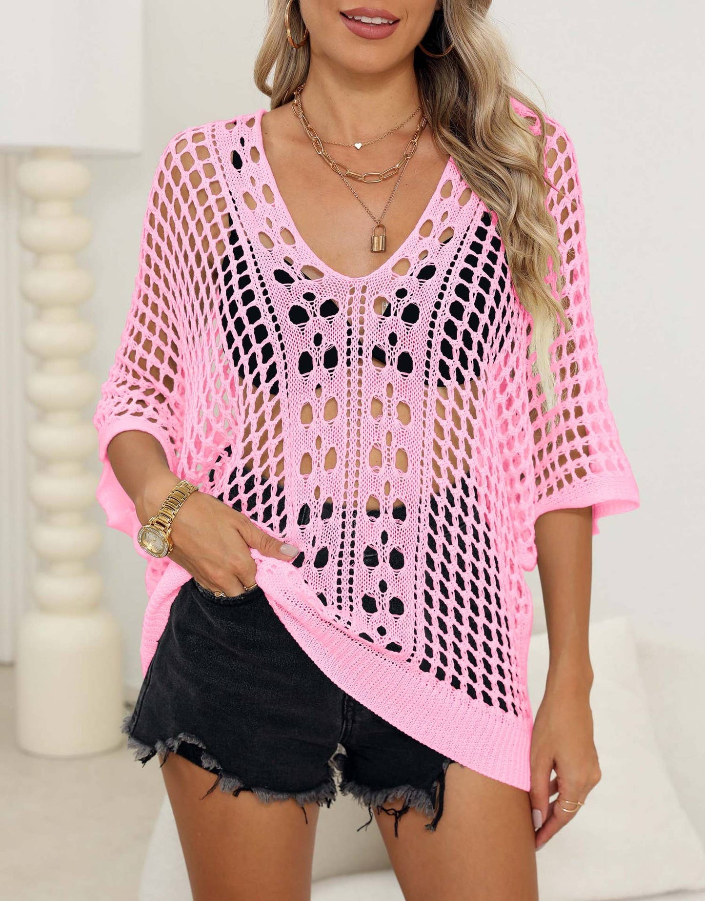 CUT-OUT WOVEN BAT-SLEEVE LOOSE CASUAL TOP