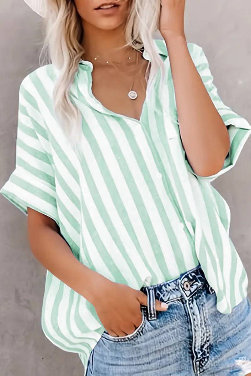 CWTBLSL0993_CASUAL LOOSE TWO-TONE STRIPED CARDIGAN SHIRT