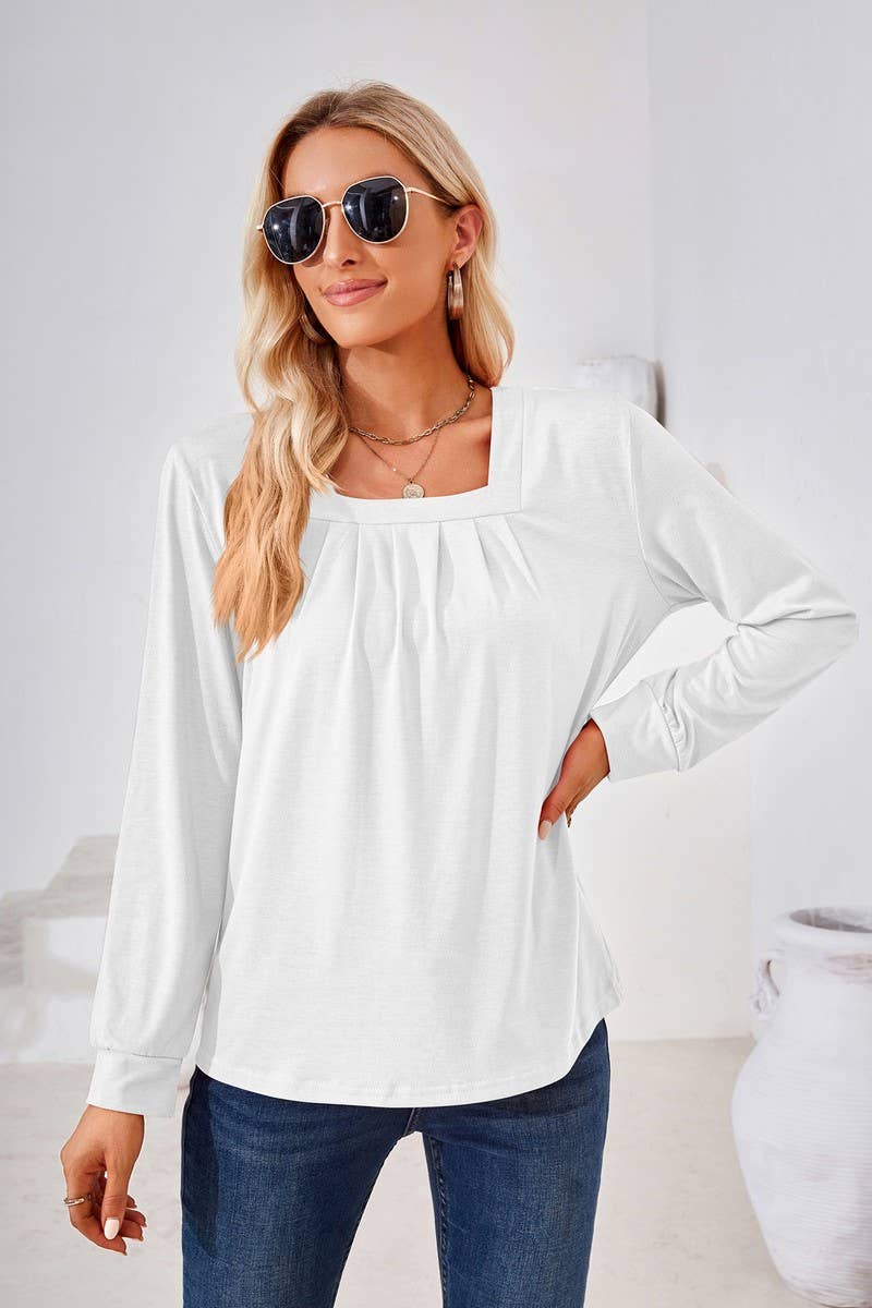 CWTBLL2409_SOLID COLOR SQUARE NECK PLEATED LONG SLEEVE TOP