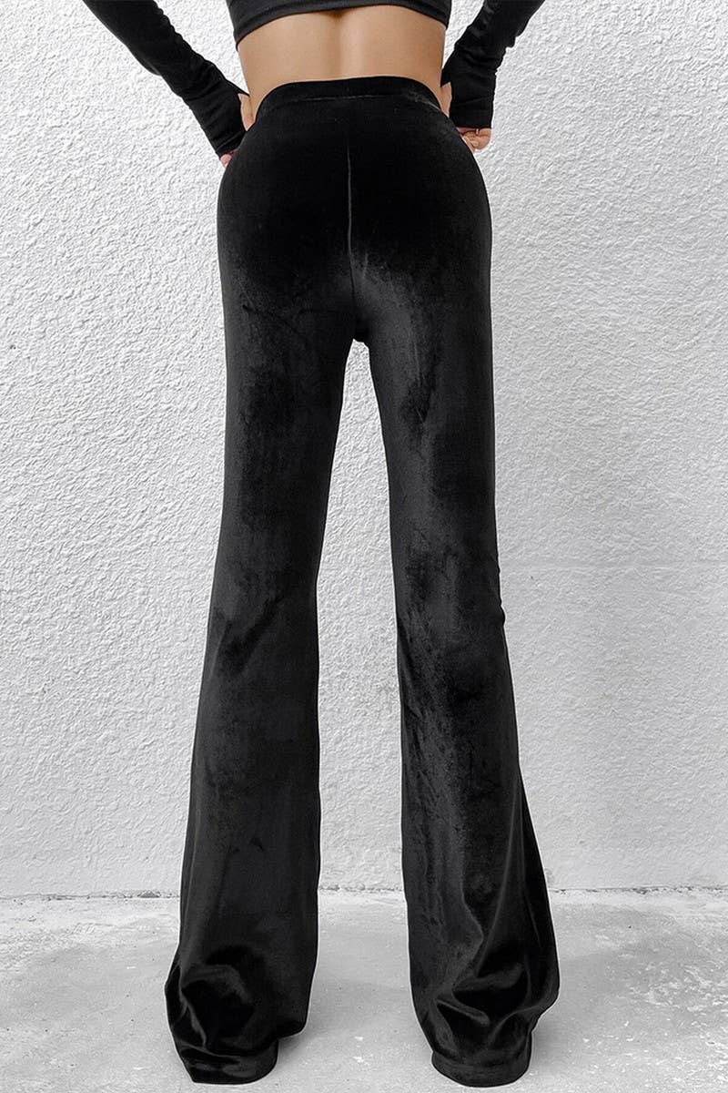 CWBLP1421_HIGH-WAISTED VELVET SLIM-FIT FLARED TROUSERS