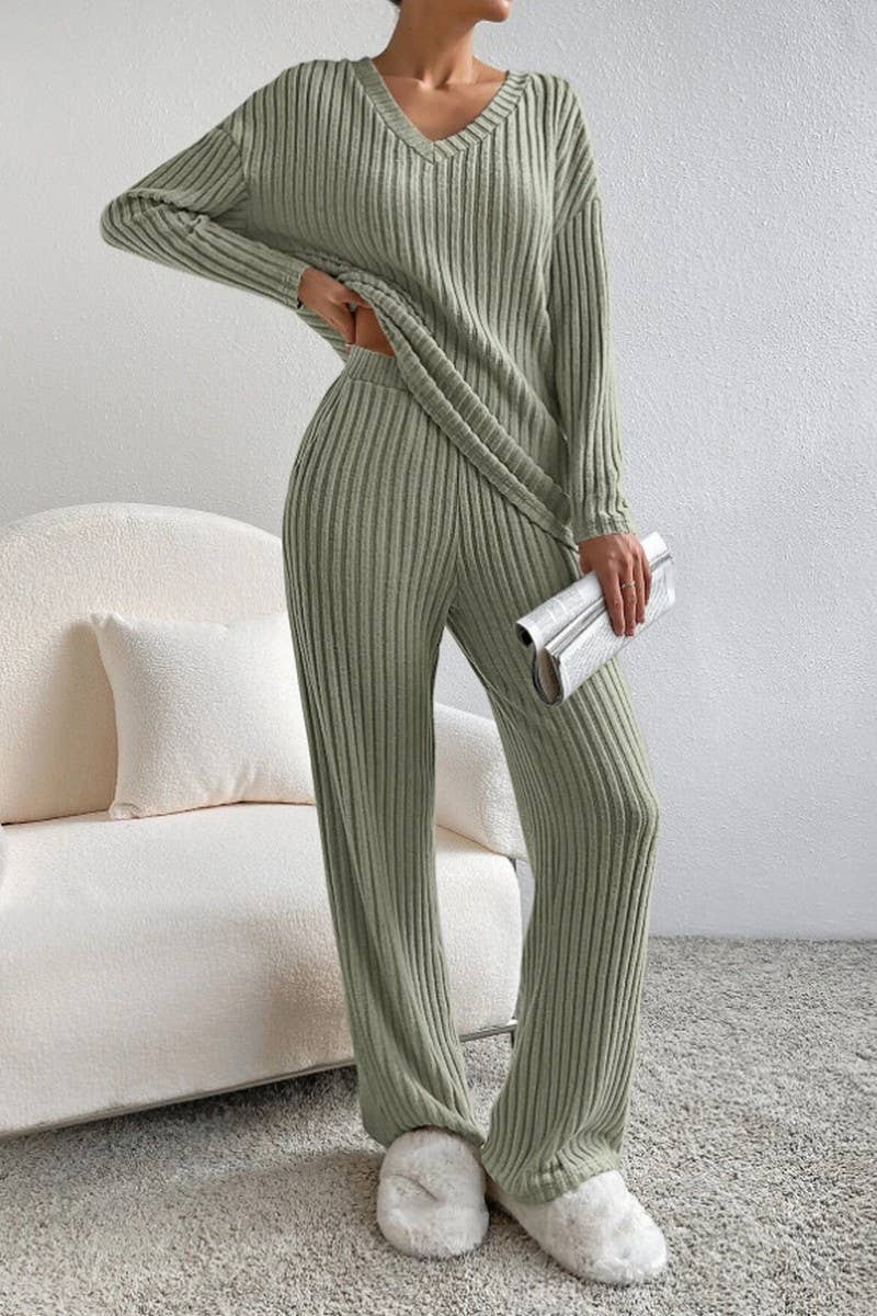 CWSTB00462_RIBBED KNIT V NECK TOP AND STRAIGHT PANTS SET