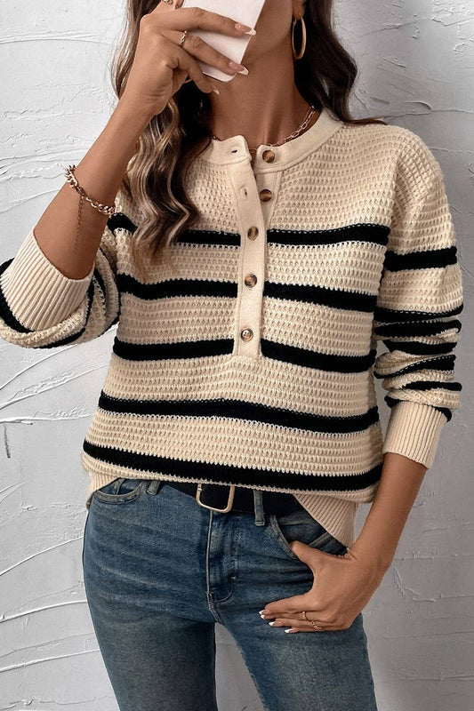 CWOSWL6835_AUTUMN BUTTON-DOWN STRIPED LOOSE SWEATER