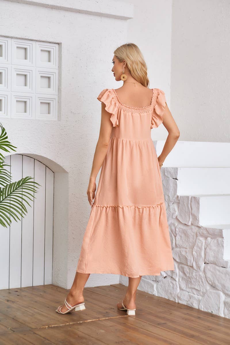 Fly-sleeve square neck off-the-shoulder dress