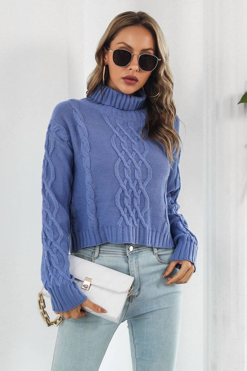 CWOSWL3875_HIGH COLLAR LONGSLEEVE TWISTED ROPE SHORT SWEATER